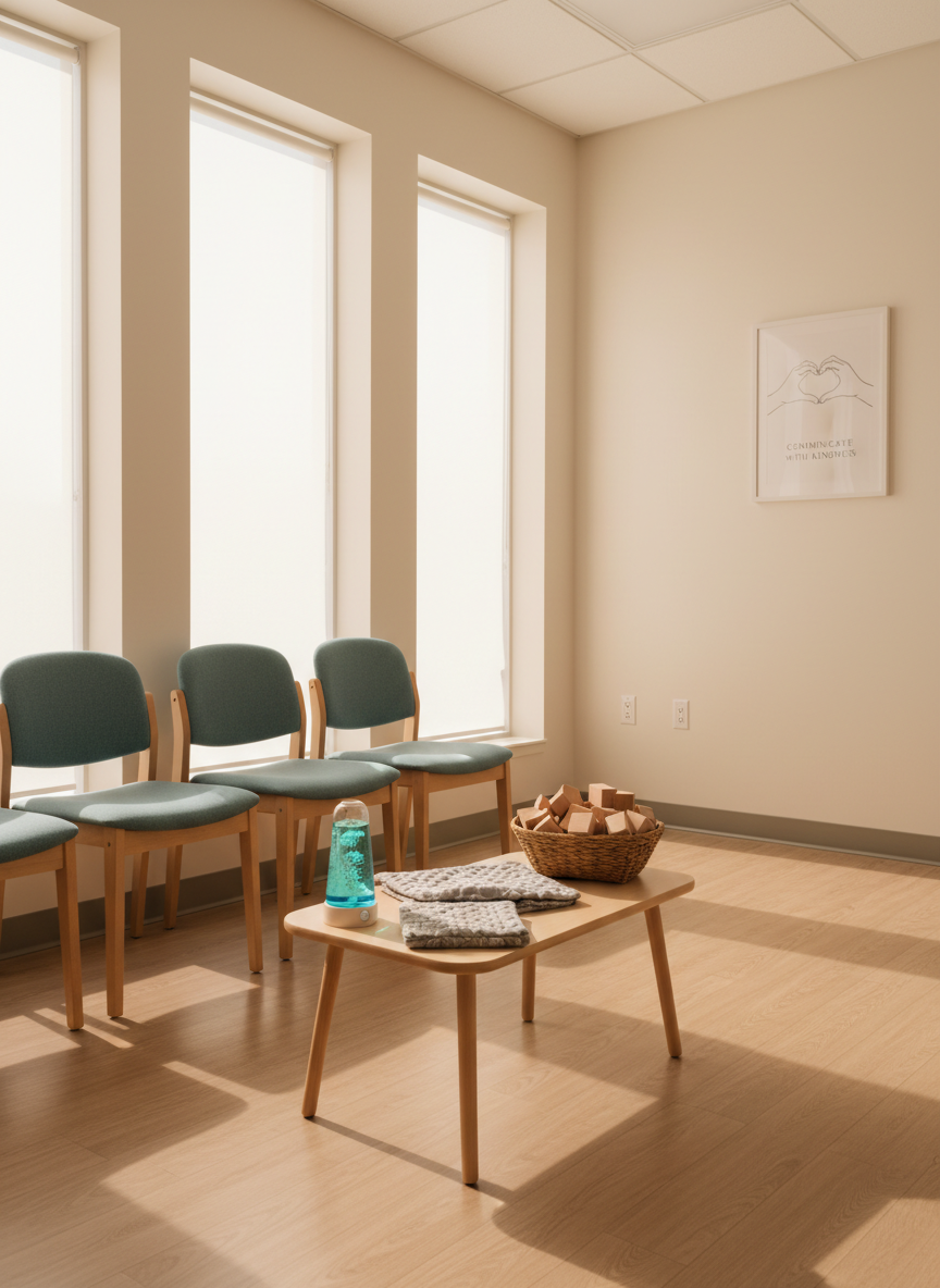 A quiet pediatric waiting room scene without people, showing a row of simple, cushioned chairs in muted teal fabric, a low wooden table with rounded edges, and a neatly arranged set of sensory-friendly toys: a transparent liquid motion bubbler, a fabric-covered weighted lap pad, and a basket of smooth wooden blocks. Large windows let in soft morning light, which washes the scene in a gentle glow and creates delicate, elongated shadows on the floor. The walls are painted in warm off-white with a minimalistic framed poster about communication. Photographic realism, wide-angle shot at eye level, balanced composition, evoking safety, patience, and thoughtful accommodation of autistic needs during medical visits.