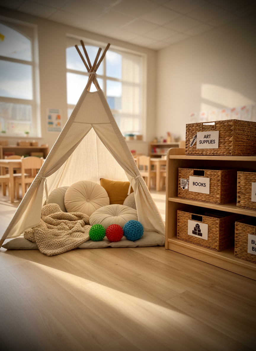 A sunlit kindergarten classroom corner designed as a quiet retreat, with a small fabric teepee in neutral tones, filled with soft cushions, a chunky knit blanket, and a few tactile sensory balls in different textures. Nearby, low open shelves hold clearly labeled bins for art, books, and building blocks, each label printed with pictograms and text. Warm afternoon light streams through high windows, casting soft, dappled patterns on the floor. The background shows neatly arranged tables and chairs, slightly out of focus. Photographic realism, captured from a child-height perspective with a gentle vignette, creating an atmosphere of security, acceptance, and thoughtful preparation for autistic children in early education.