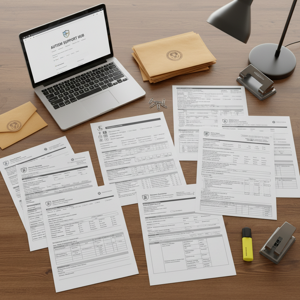 A detailed view of an organized bureaucratic workspace focused on autism-related paperwork: a large wooden table covered with neatly aligned forms from health insurance, disability services, and school authorities, each with visible but unreadable text blocks and checkboxes. A slim, modern laptop sits open to a government portal homepage, while a stack of official-looking envelopes with subtle creases and printed logos rests beside it. A highlighter, paper clips, and a metal hole puncher add small accents. Neutral, diffused indoor lighting from a shaded desk lamp creates soft, directional light, enhancing the paper textures without harsh shadows. Photographic realism, shot from above in a flat-lay composition, evoking complexity, meticulousness, and the administrative journey families navigate.