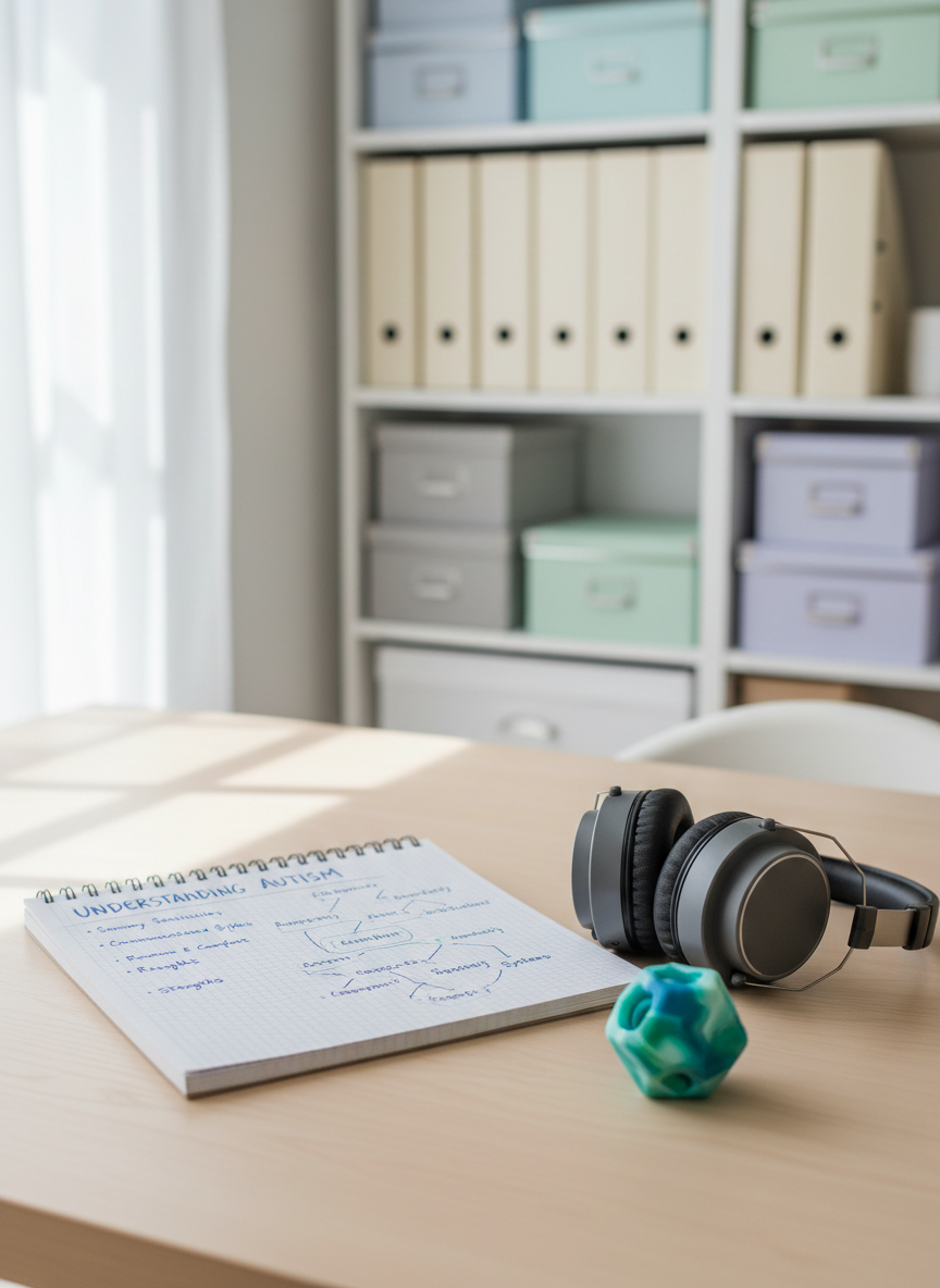 A carefully arranged desk scene in a quiet home office, featuring an open spiral notebook with neatly written notes about autism, a pair of noise-cancelling headphones with soft padded ear cups, and a small, textured silicone sensory toy in calming blue and green tones. The items rest on a light wooden desk beside a large window. Diffused overcast daylight gently illuminates the surfaces, creating soft reflections and minimal shadows. In the blurred background, shelves with neatly ordered folders and pastel storage boxes suggest organization. Photographic realism, captured at eye level with a shallow depth of field, emphasizing clarity and calm. The atmosphere feels professional yet comforting, supporting focused understanding and discovery.