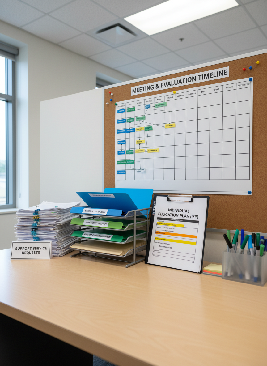 An orderly school office setup with a wooden desk covered in neatly stacked forms for support services, a color-coded folder system, and a prominently placed individual education plan (IEP) document with highlighted sections. A small desk organizer holds fine-tip markers and sticky notes in calming blues and greens. A corkboard on the wall behind the desk displays a structured timeline for meetings and evaluations, pinned with color-coded tags and clear typography. Cool, even overhead lighting combines with a hint of daylight from a side window, producing clear, shadow-free visibility. Photographic realism, shot from a slightly elevated angle with sharp focus throughout, conveying professionalism, transparency, and structured collaboration around autistic students’ needs.