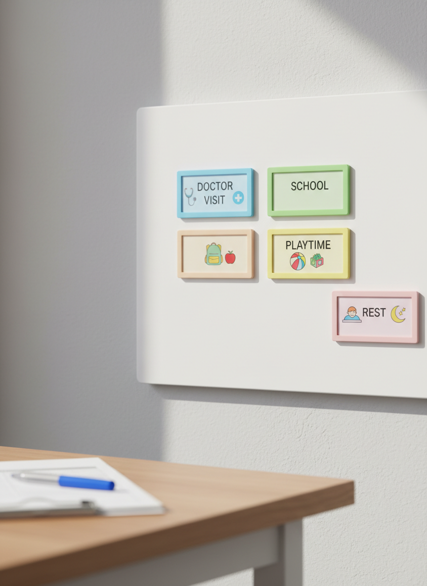 A close-up of a colorful visual schedule board mounted on a light grey wall, featuring magnetic picture cards with clear icons for doctor visits, school, playtime, and rest, each framed in distinct pastel colors. The board’s smooth white surface contrasts with the slightly matte texture of the magnets. Soft natural daylight from the side highlights the edges of the cards and creates gentle, subtle shadows beneath them. In the out-of-focus foreground, a corner of a tidy desk with neatly stacked forms and a capped pen is visible. Photographic realism, shot from a slightly angled perspective using the rule of thirds, conveying structure, predictability, and a calm, organized mood.